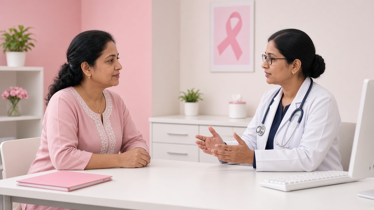 A woman consulting a female doctor about a breast health check in Sangareddy