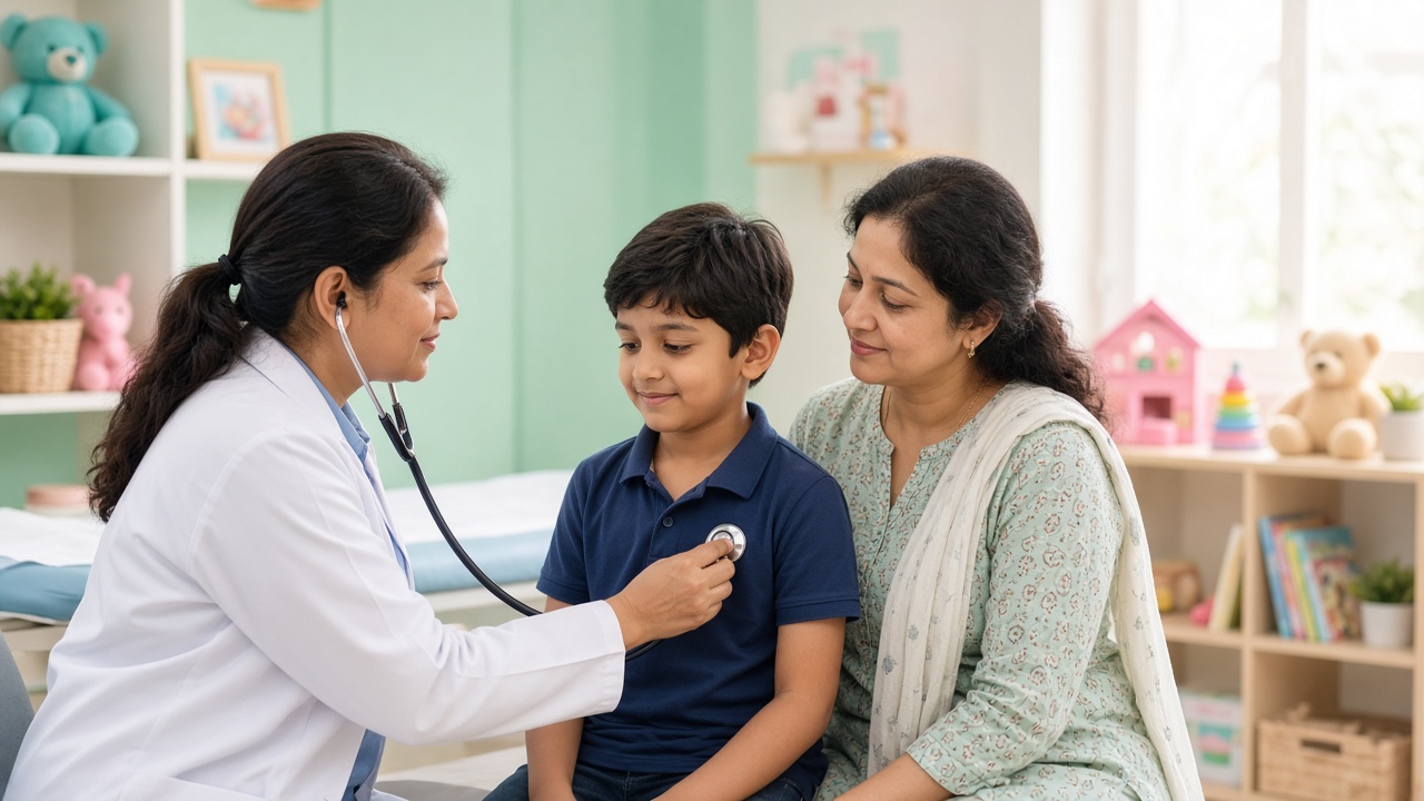 A pediatrician examining a school-age child with a parent during cough and cold season in Sangareddy