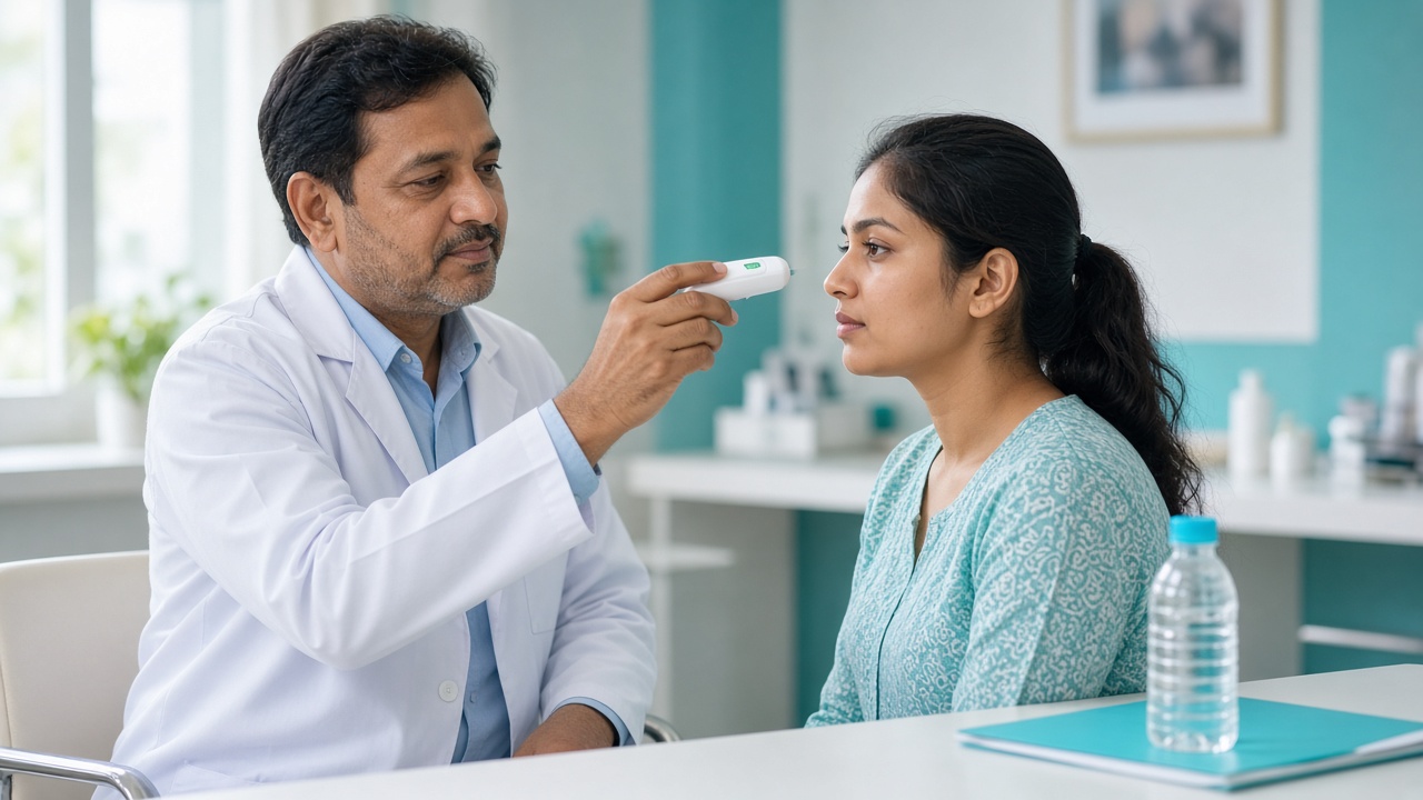 A physician checking a patient's temperature during seasonal fever season at a clinic in Sangareddy