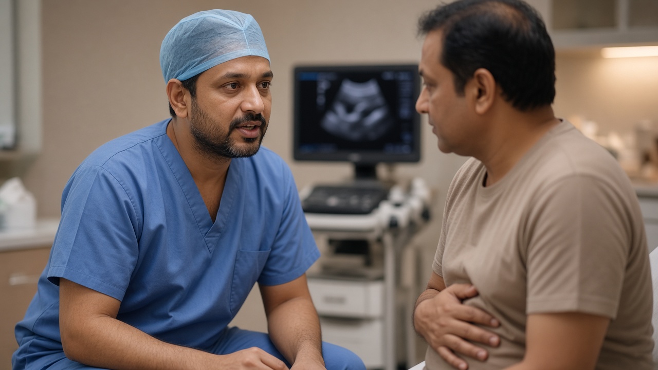 A surgeon consulting a patient with upper abdominal pain in Sangareddy