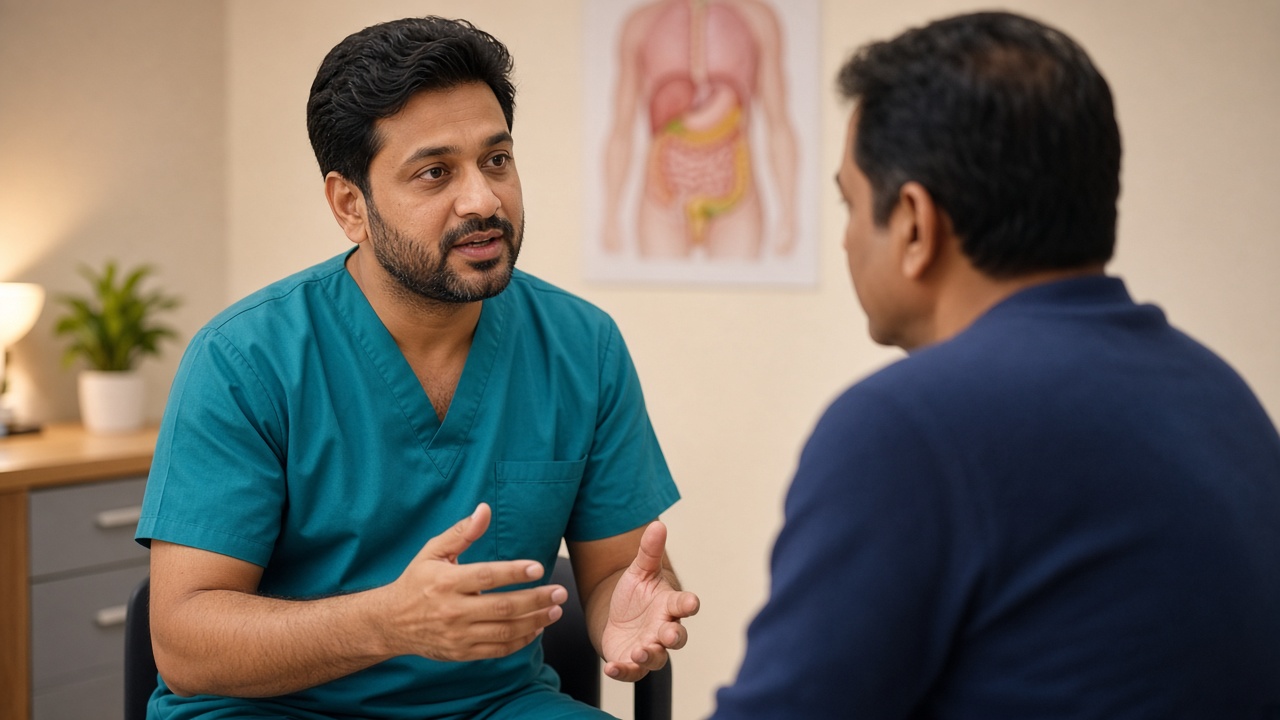 A surgeon consulting an adult patient about digestive and piles symptoms in Sangareddy