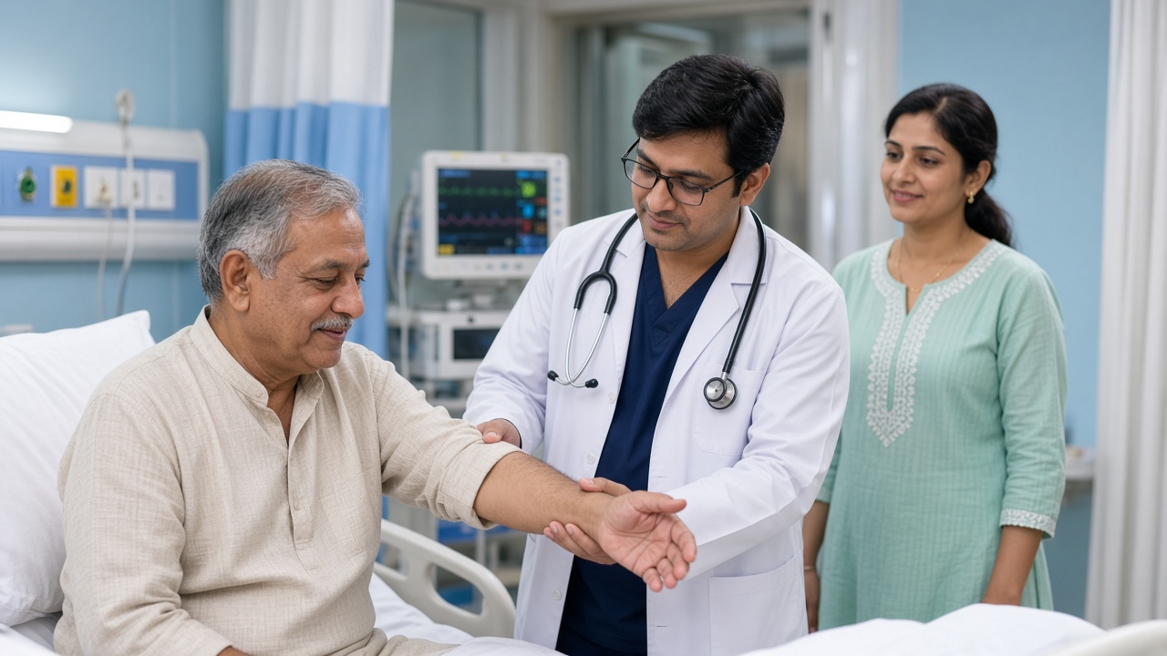A doctor assessing arm strength of an older patient in an emergency bay in Sangareddy