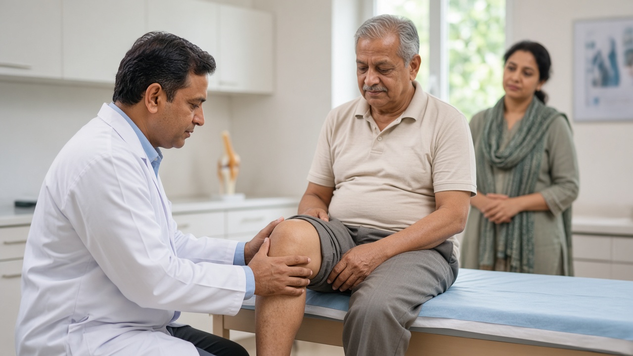An orthopedic doctor examining an older patient's knee in a Sangareddy clinic