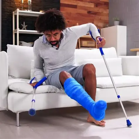 Patient with a leg cast and crutches after trauma care