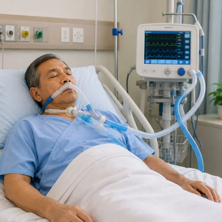 Patient receiving advanced ventilator support in the critical care unit at Dharani Hospital